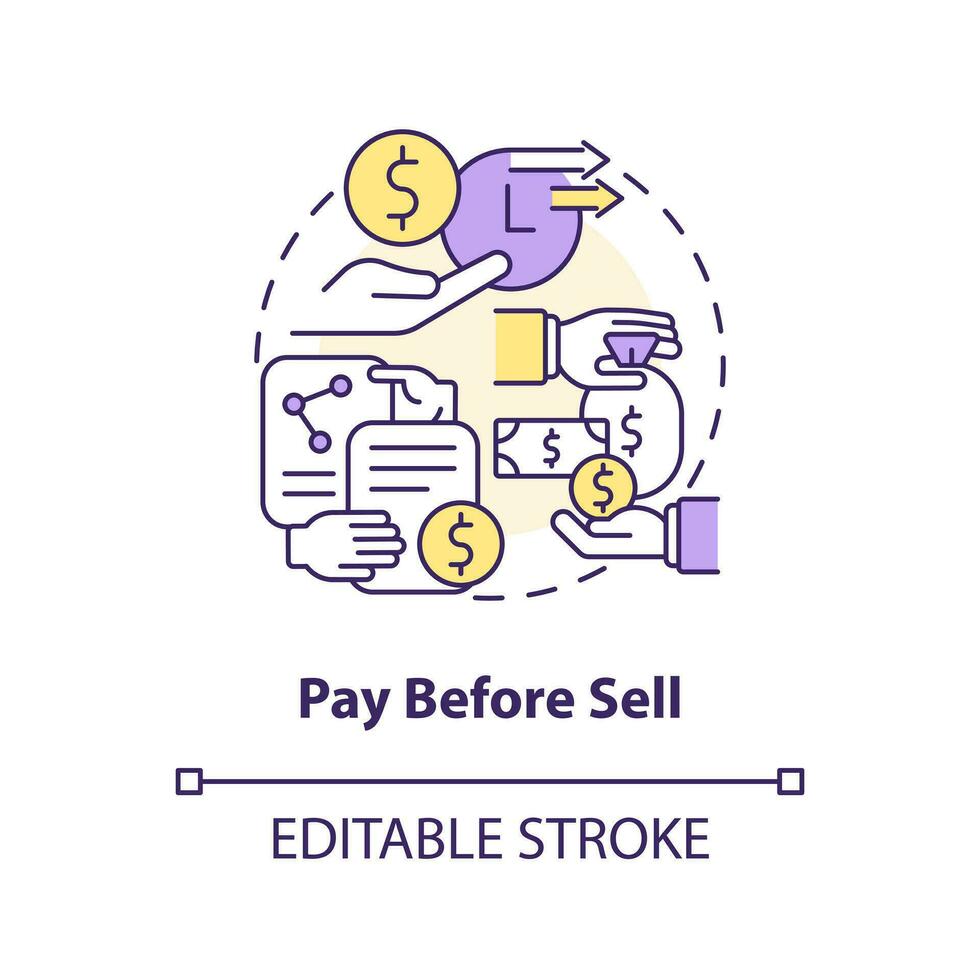 Pay before sell concept icon. Purchase security in cash account. Online investing abstract idea thin line illustration. Isolated outline drawing. Editable stroke vector