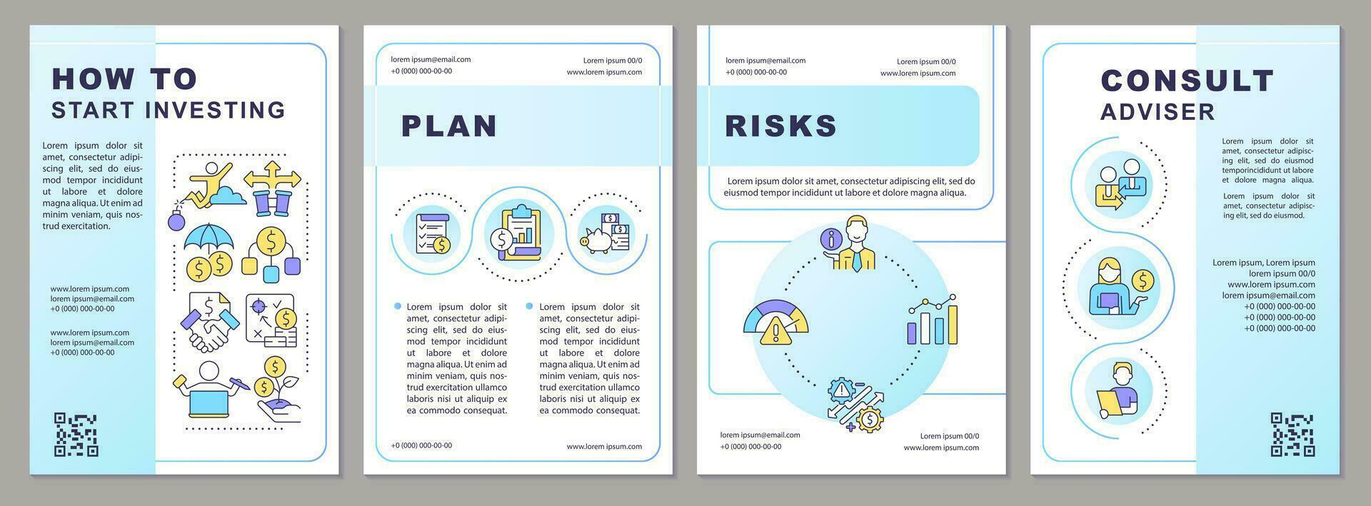 How to start investing blue gradient brochure template. Trader tips. Leaflet design with linear icons. 4 vector layouts for presentation, annual reports