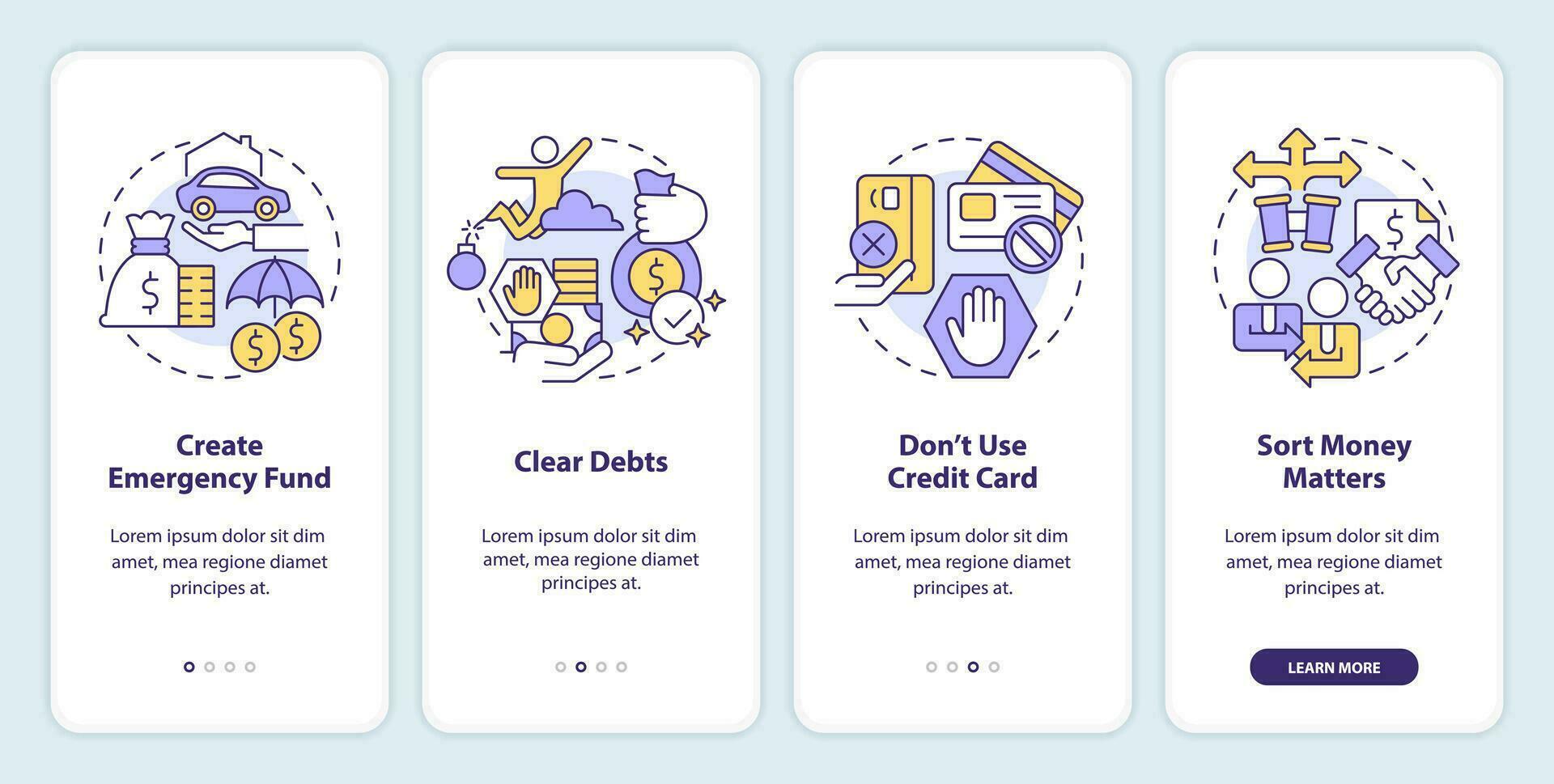Investing preparation onboarding mobile app screen. Trading walkthrough 4 steps editable graphic instructions with linear concepts. UI, UX, GUI templated vector