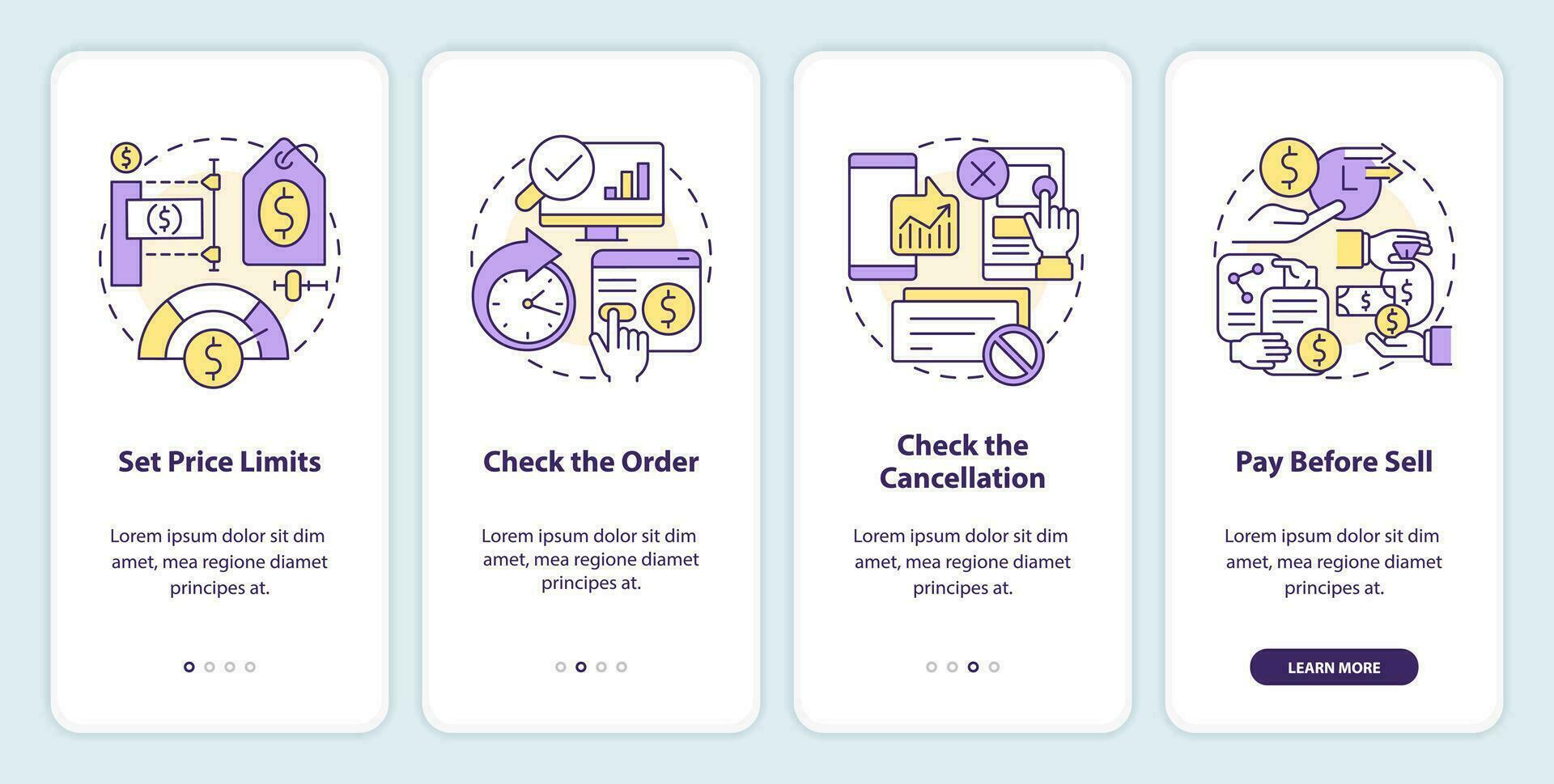 en línea invertir inducción móvil aplicación pantalla. digital comercio recorrido 4 4 pasos editable gráfico instrucciones con lineal conceptos. ui, ux, gui plantilla vector