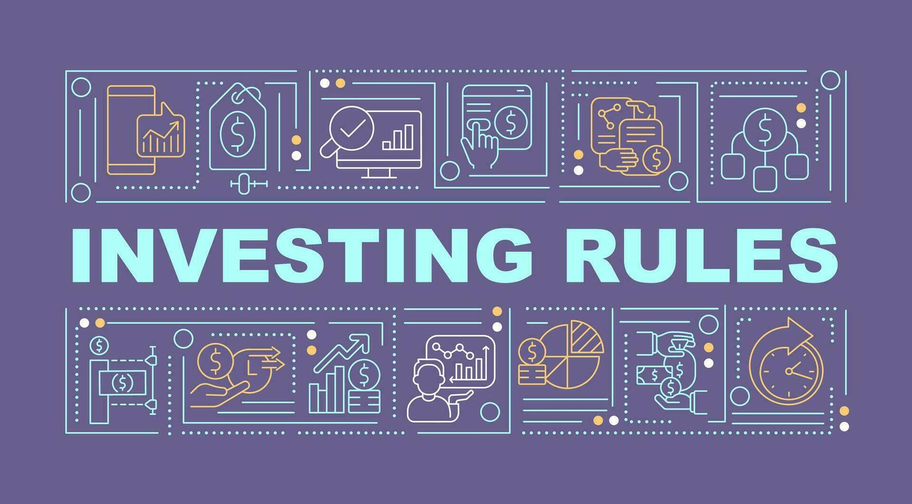 Investing rules word concepts dark purple banner. Stock market. Infographics with editable icons on color background. Isolated typography. Vector illustration with text