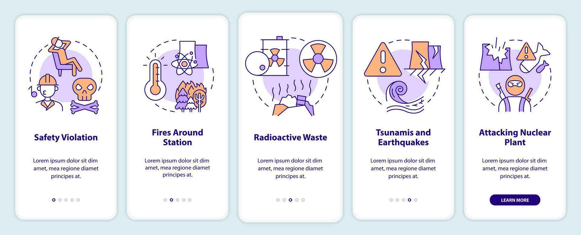Nuclear accident causes onboarding mobile app screen. Disaster walkthrough 5 steps editable graphic instructions with linear concepts. UI, UX, GUI templated vector