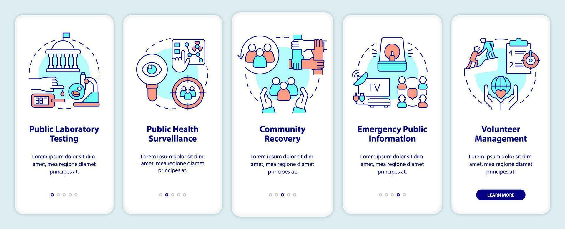 Public health preparedness onboarding mobile app screen. Radiation walkthrough 4 steps editable graphic instructions with linear concepts. UI, UX, GUI templated vector