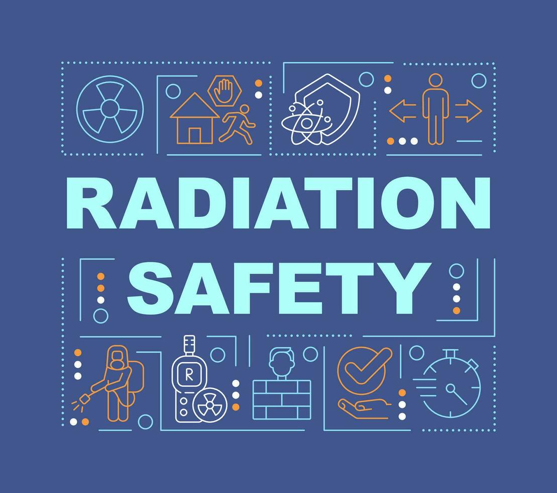 Radiation safety word concepts dark blue banner. Emergency actions. Infographics with editable icons on color background. Isolated typography. Vector illustration with text