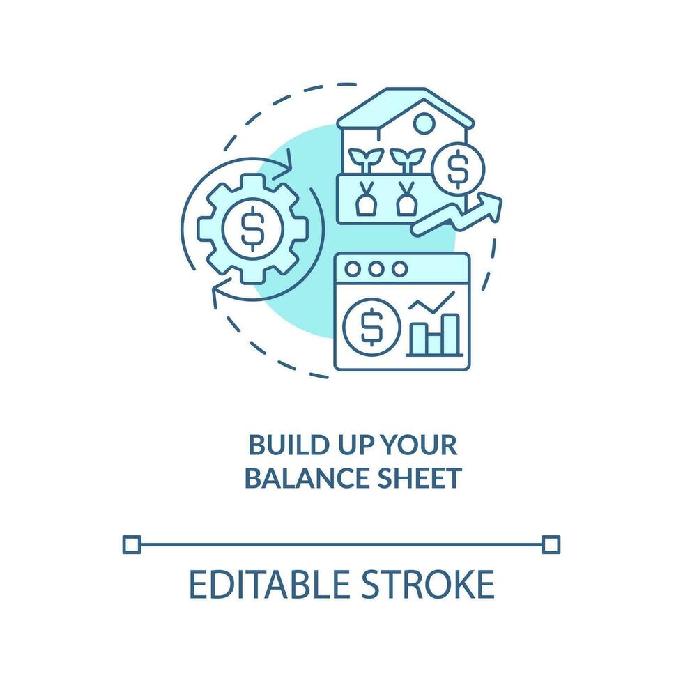 Build up your balance sheet turquoise concept icon. Farm business strategy abstract idea thin line illustration. Isolated outline drawing. Editable stroke vector