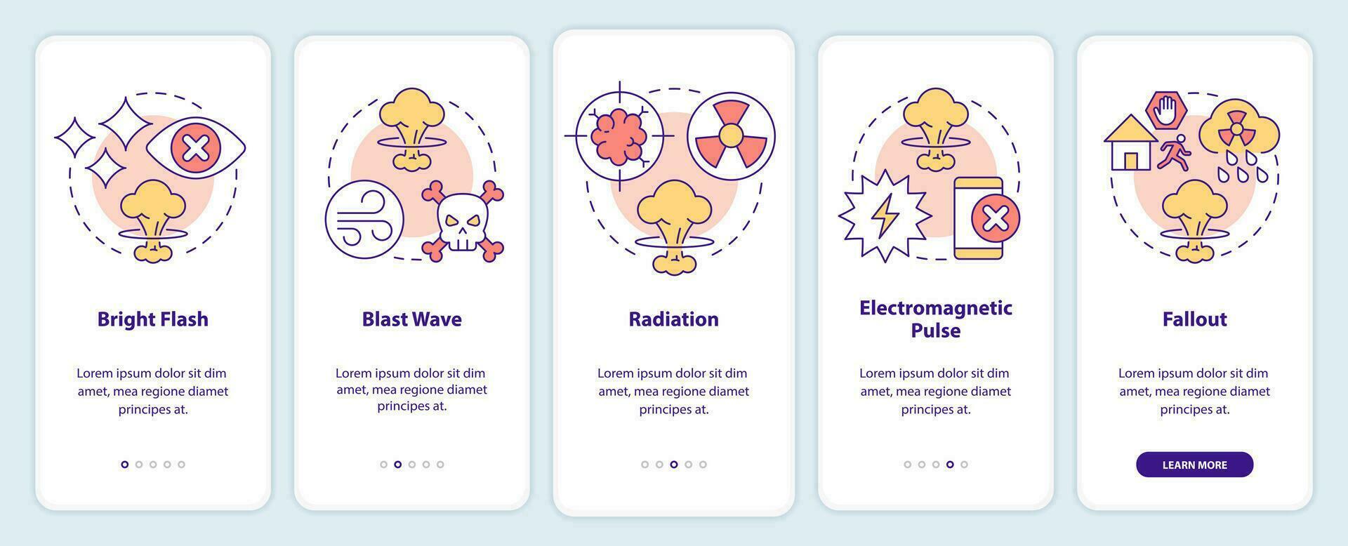 Nuclear explosion dangers onboarding mobile app screen. Radiation walkthrough 5 steps editable graphic instructions with linear concepts. UI, UX, GUI templated vector