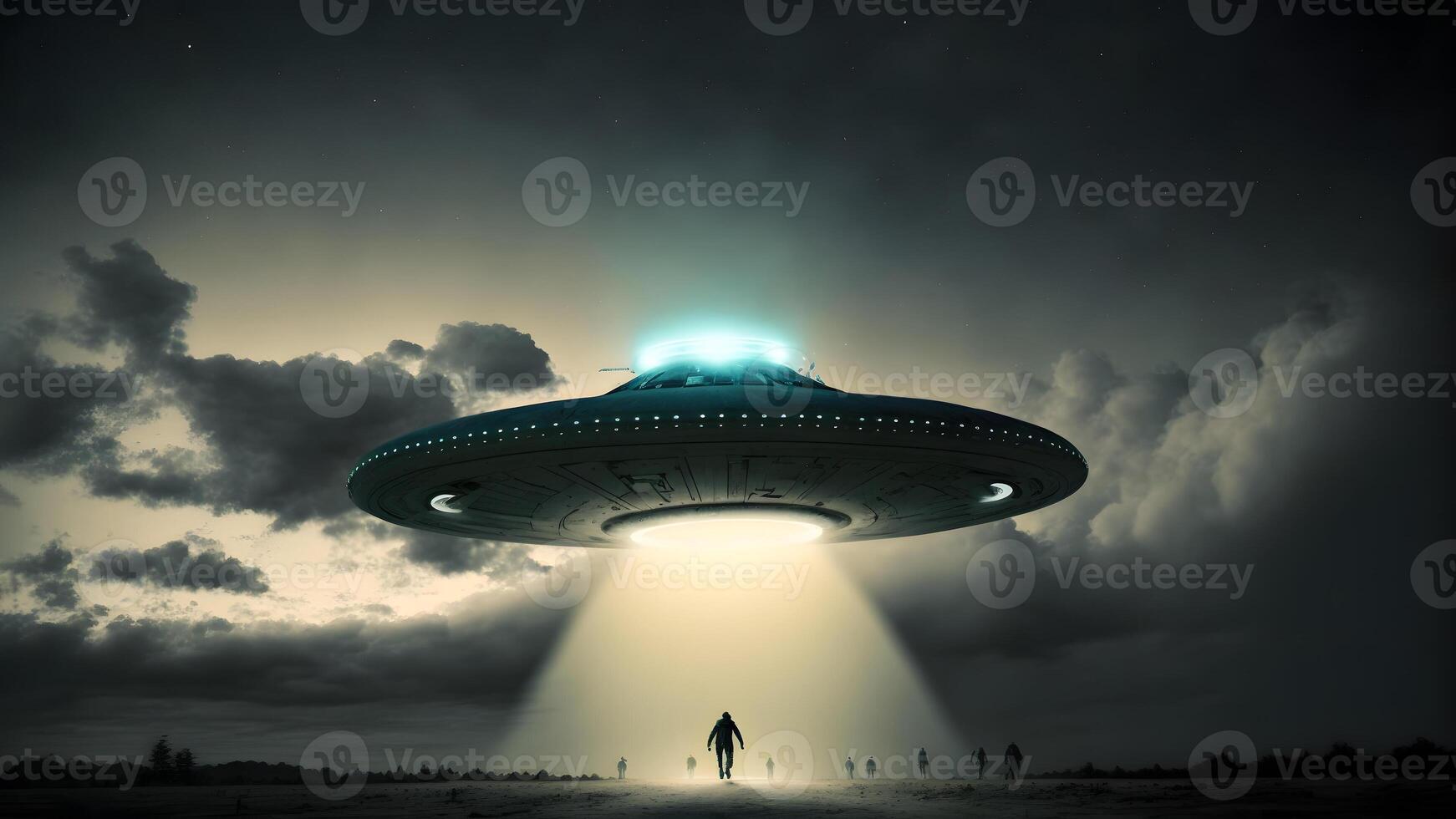 flying UFO saucer spacecraft over wild field at foggy night with human silhouette in beams of light underneath, neural network generated art photo