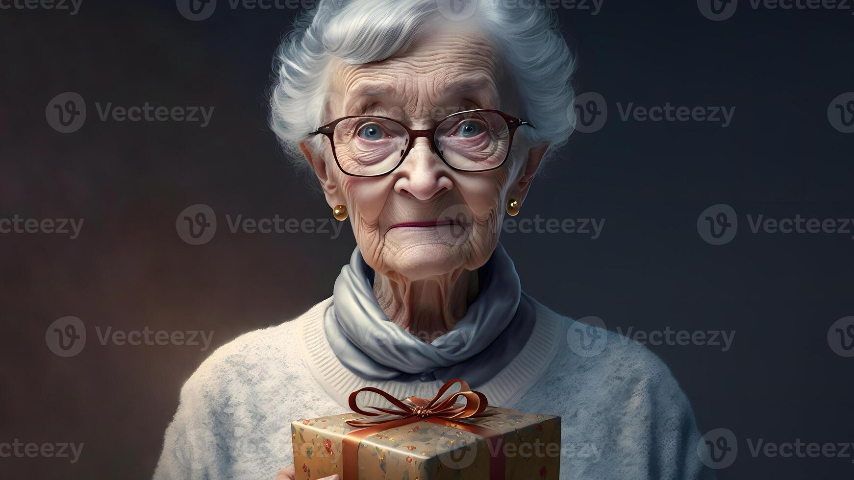 smiling old lady with christmas gift portrtait, neural network generated art photo