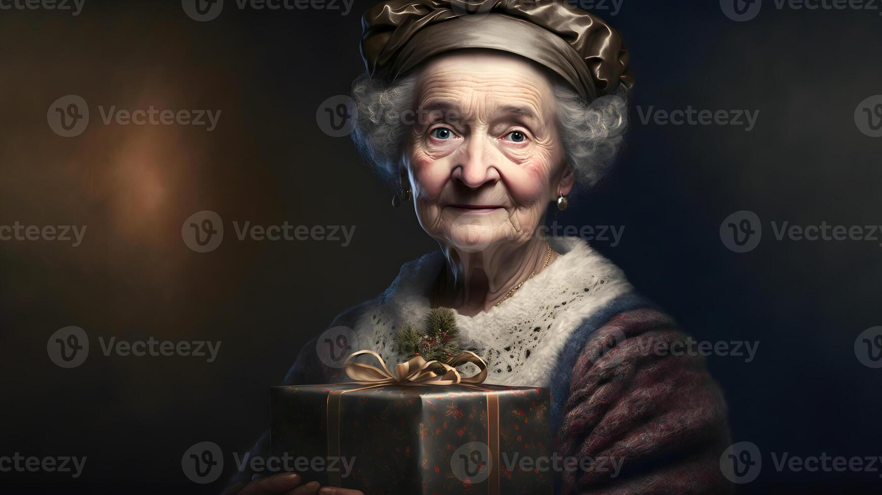 smiling old lady with christmas gift portrtait, neural network generated art photo