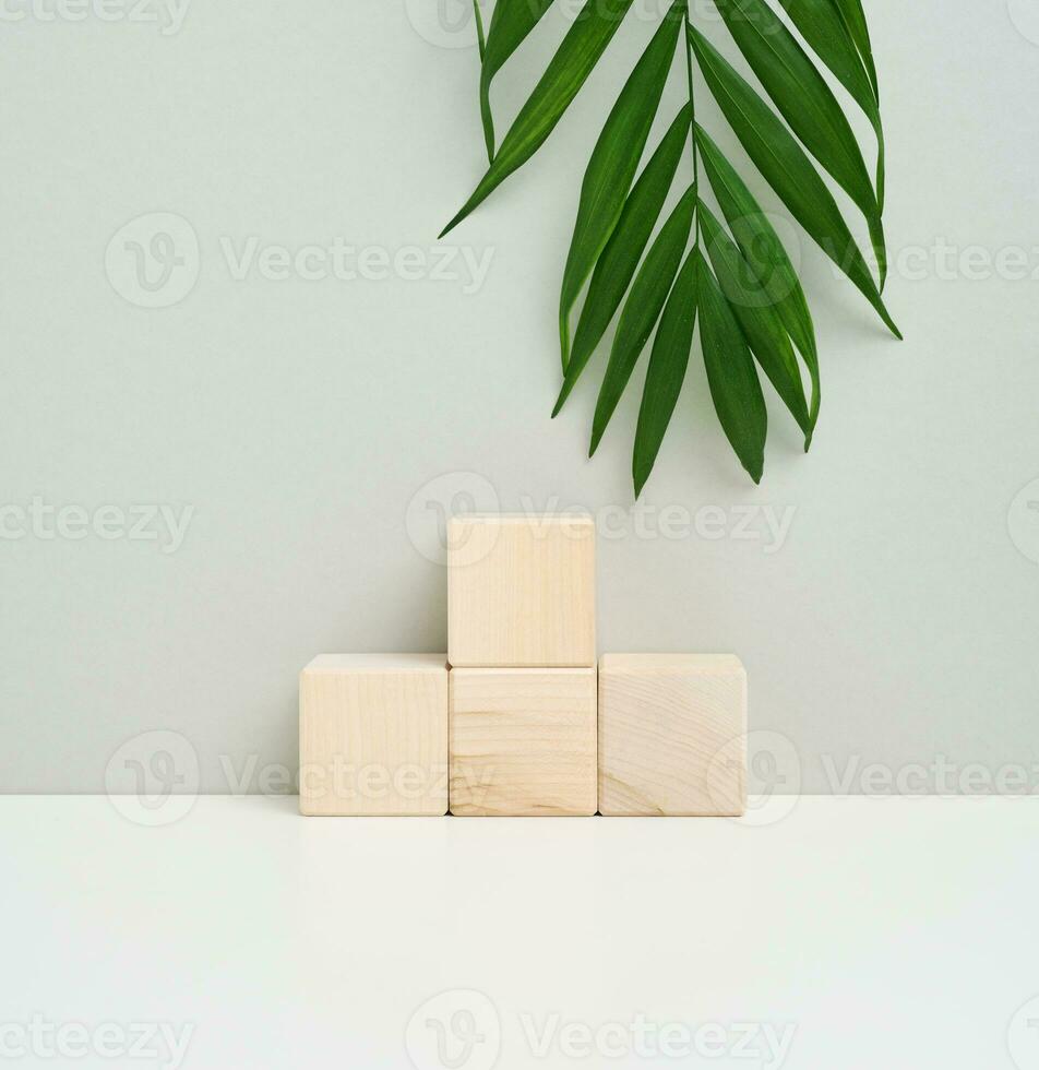 de madera cubo en un gris antecedentes con un verde palma hoja. etapa para producto demostración, productos cosméticos. promoción y publicidad foto