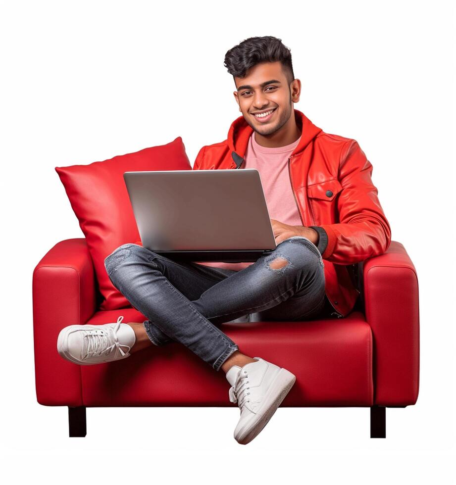 contento joven indio masculino trabajando en un ordenador portátil sentado foto ai generado
