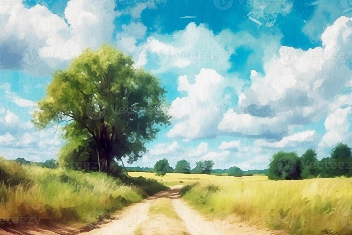 Summer day, tree with country road against clouds, watercolor painting on textured paper. Digital watercolor painting. photo