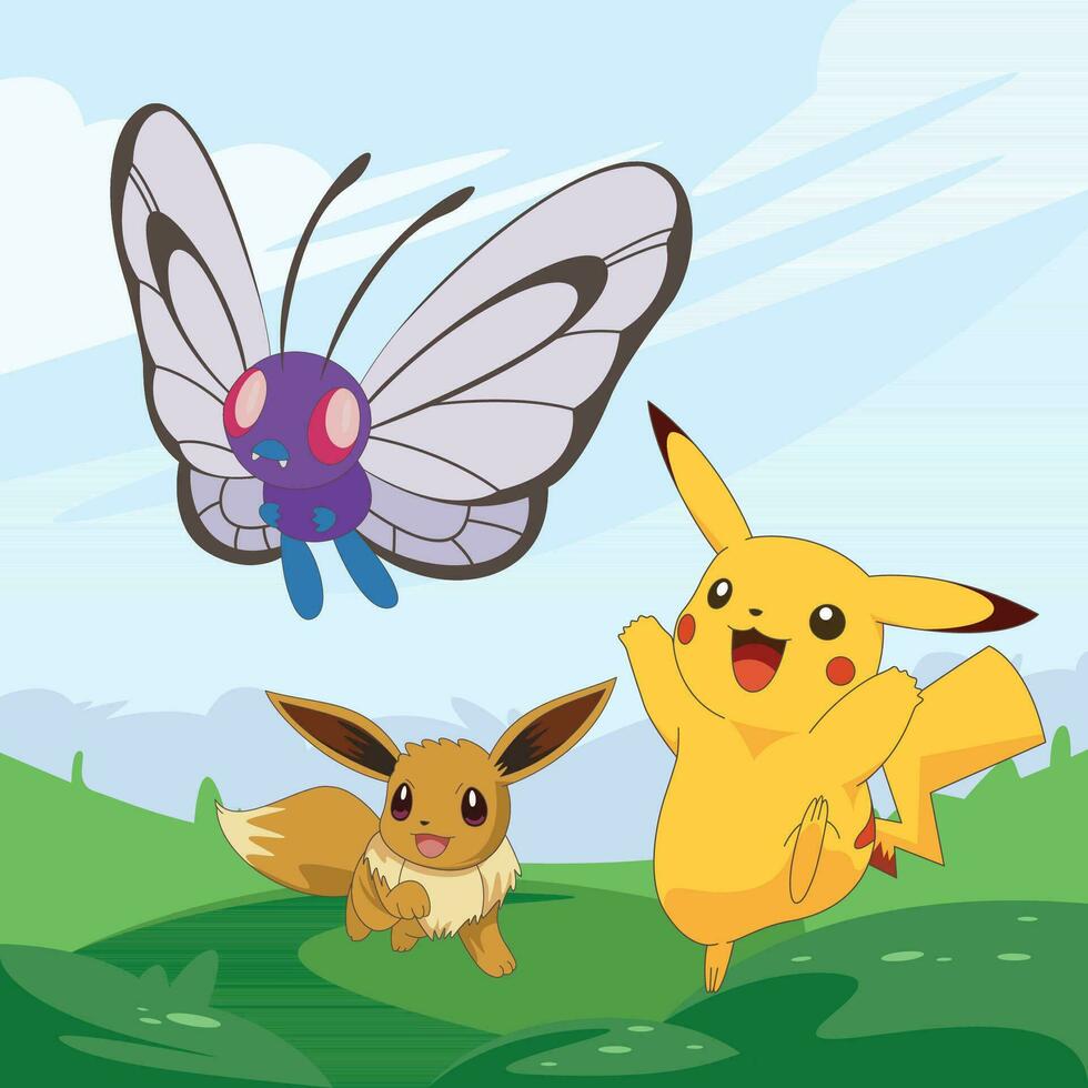 linda ratón y zorro caracteres corriendo en naturaleza persiguiendo mariposas vector