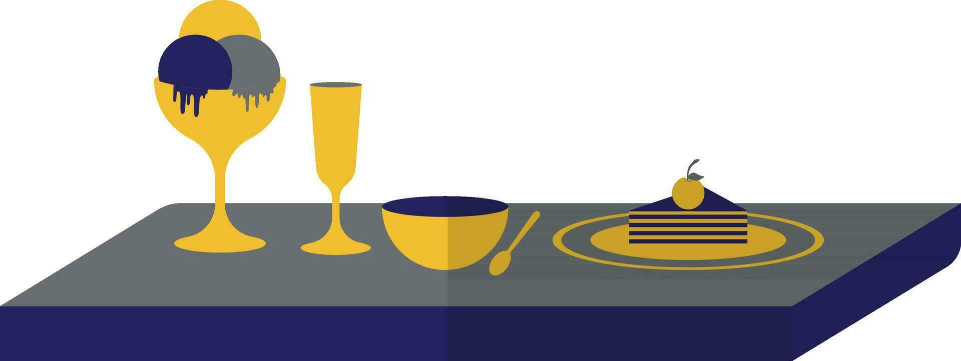 Bowl,spoon,cocktail and ice cream glass decorated on table. vector