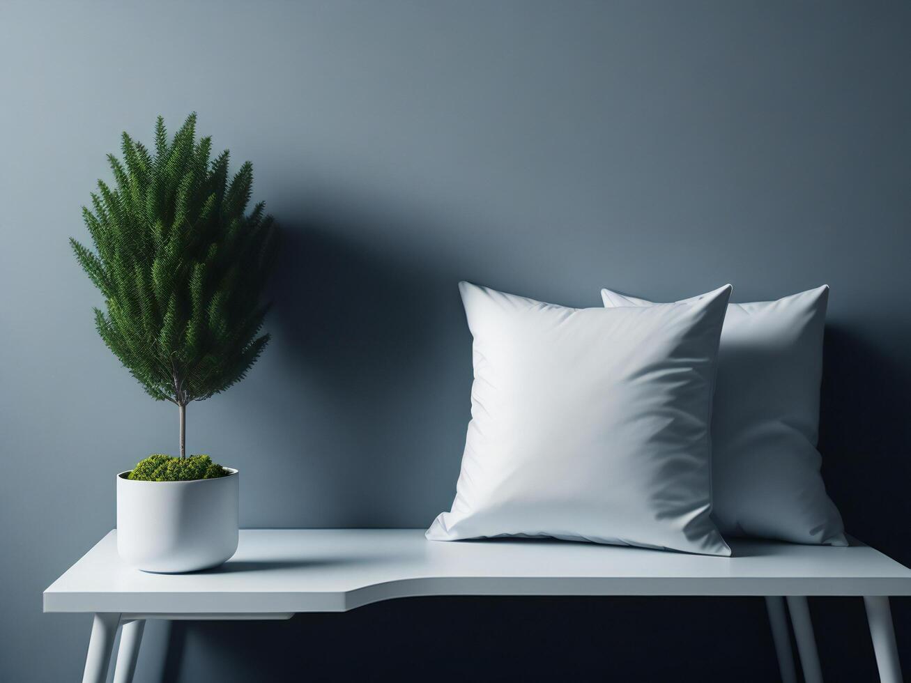 White square canvas pillow mockup on grey armchair, small cotton cushion mockup in living room interior photo