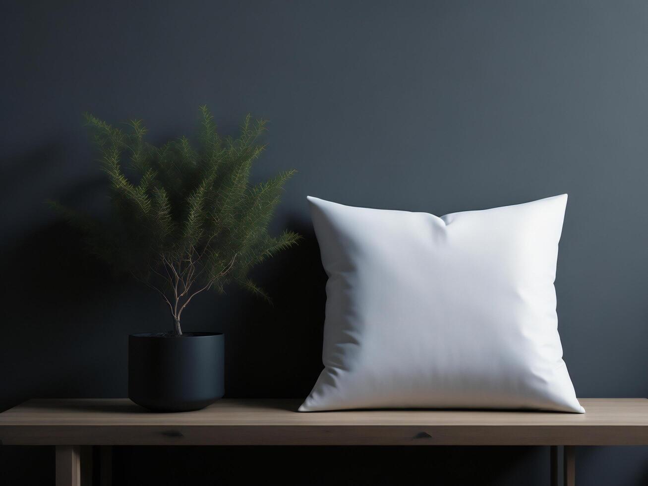 White square canvas pillow mockup on grey armchair, small cotton cushion mockup in living room interior photo