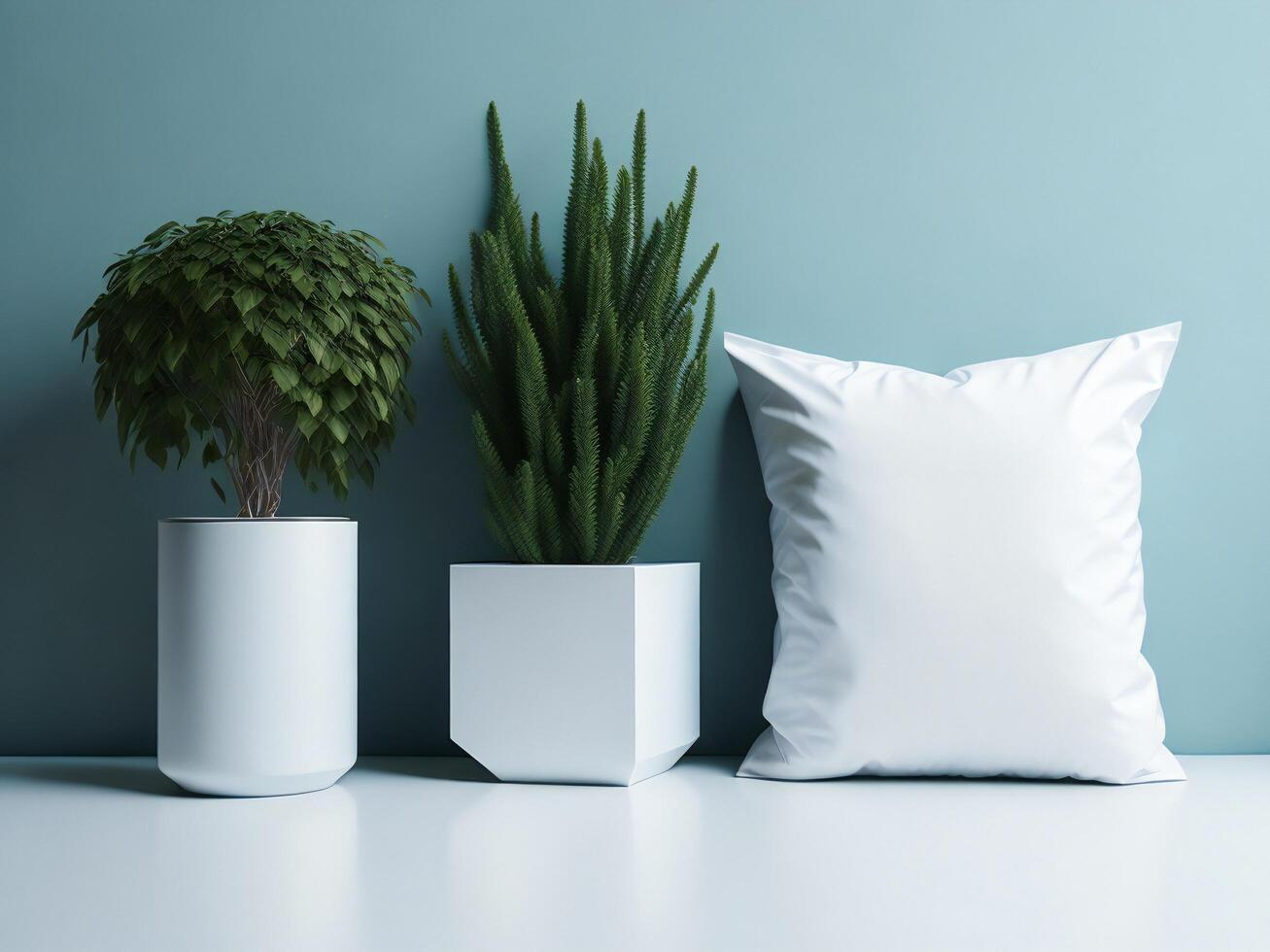 Blank white soft square pillow on a wooden floor near the wall photo