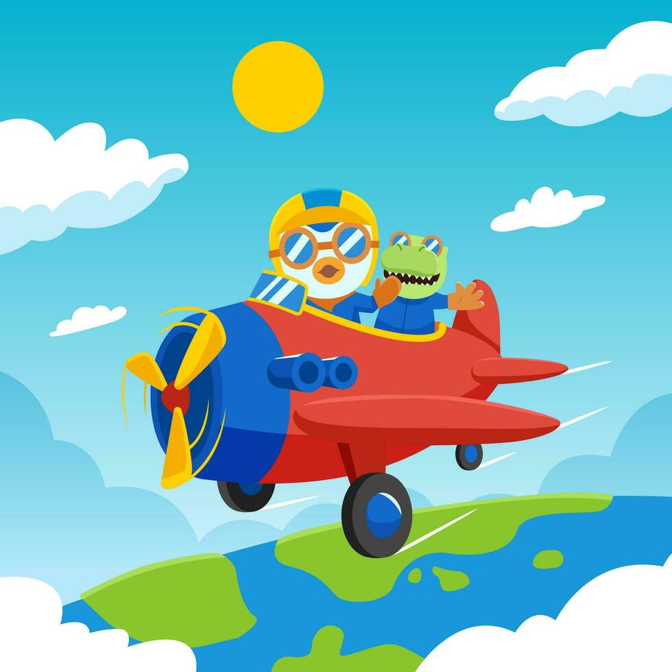 Cute Penguin And Crocodile Get On The Plane vector