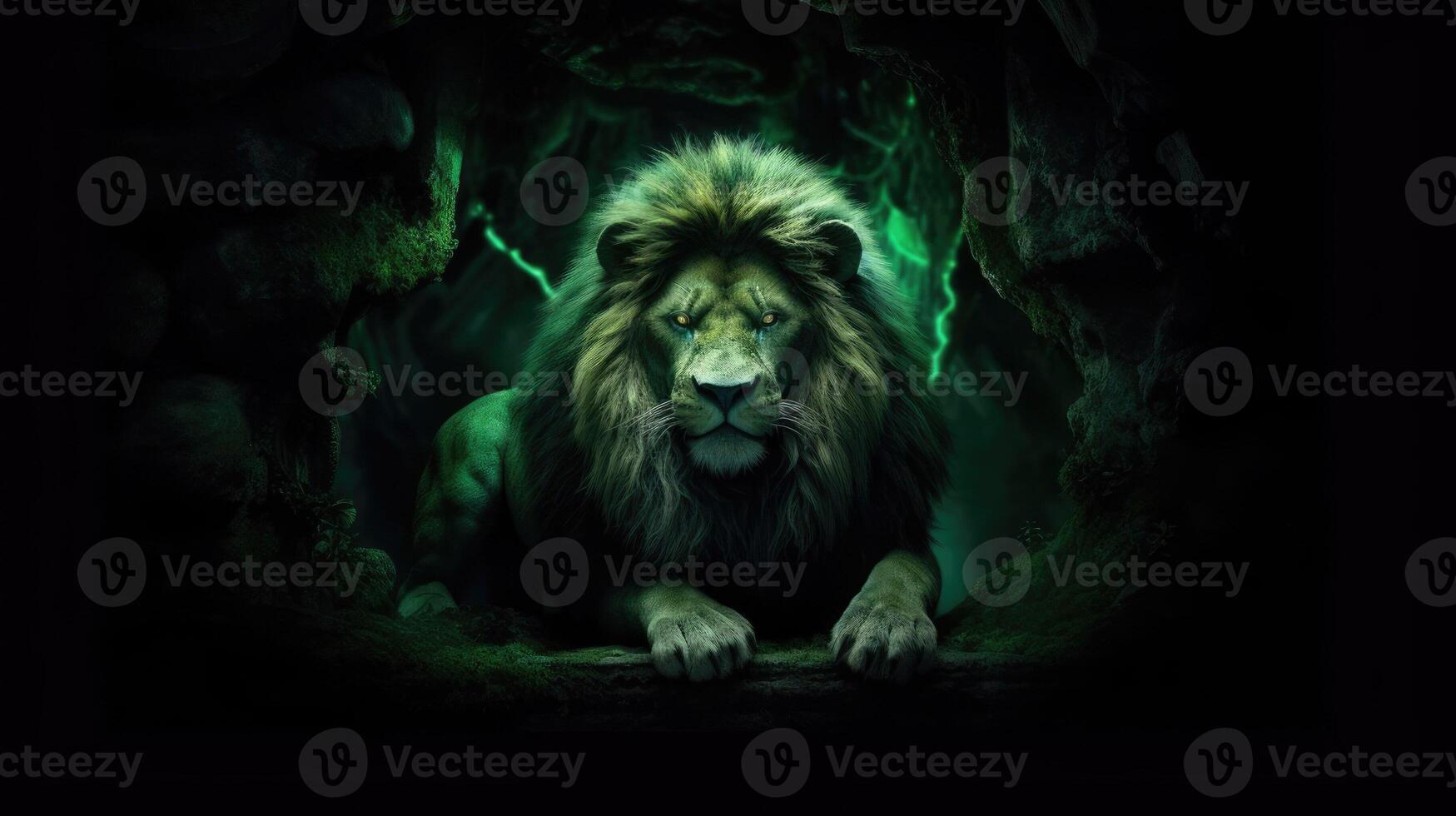 Lion lying in a dark cave with a green chroma entrance its majestic mane standing out against the white light pouring in representing strength and solitude photo