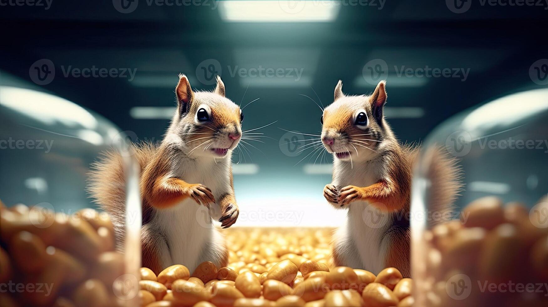 Squirrels showcasing their resourcefulness and problemsolving skills as they gather nuts and store them in innovative storage containers for a kitchenware promotion photo