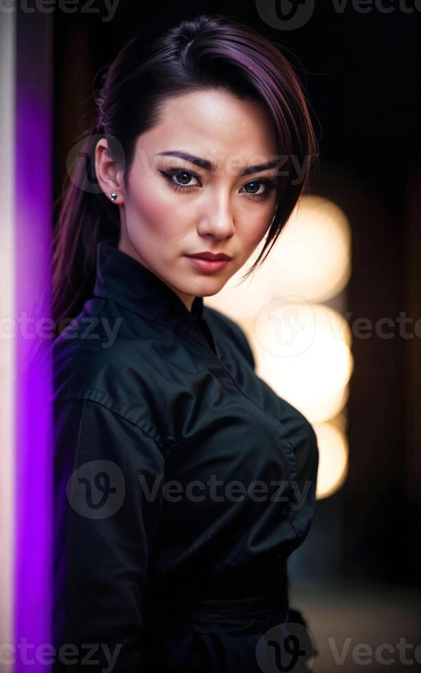 photo of beautiful woman in black ninja outfit assassin killer,
