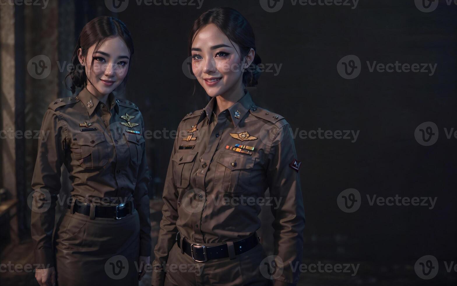 beautiful asian thai police woman at dark room, photo