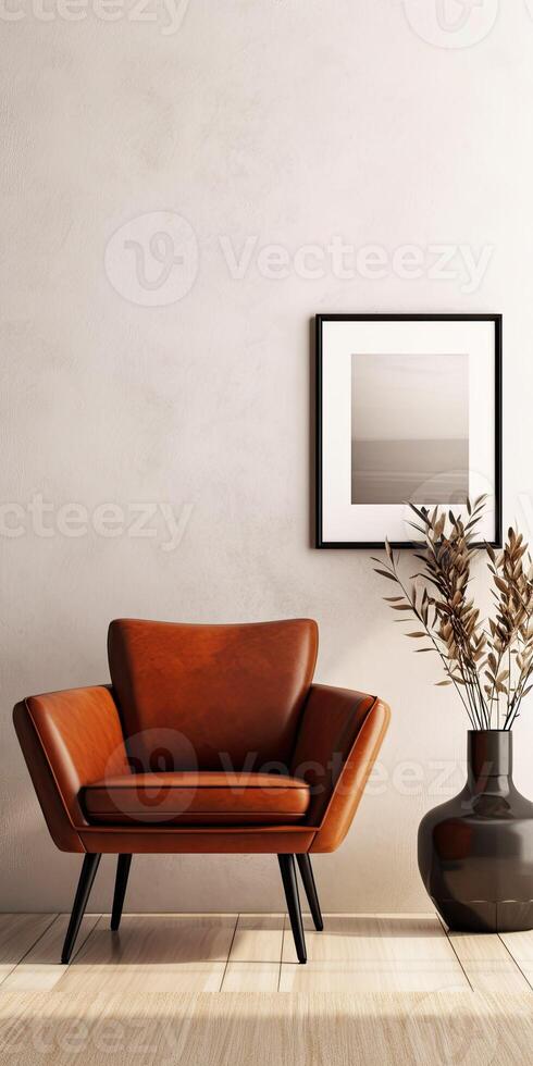 Living Room Interior Wall Mockup, Warm Tones, photo