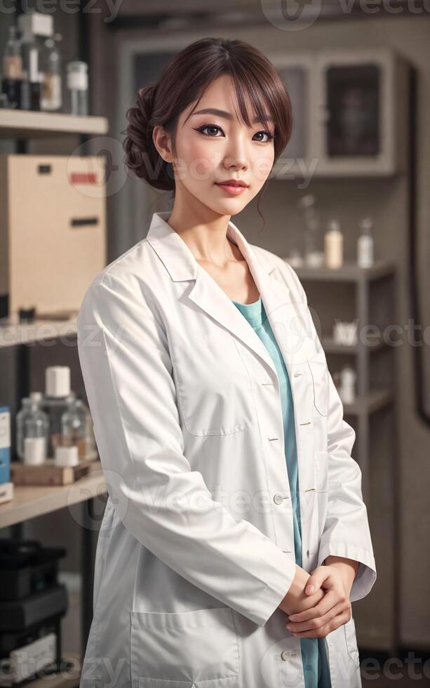 photo of beautiful asian woman in white lab coat,