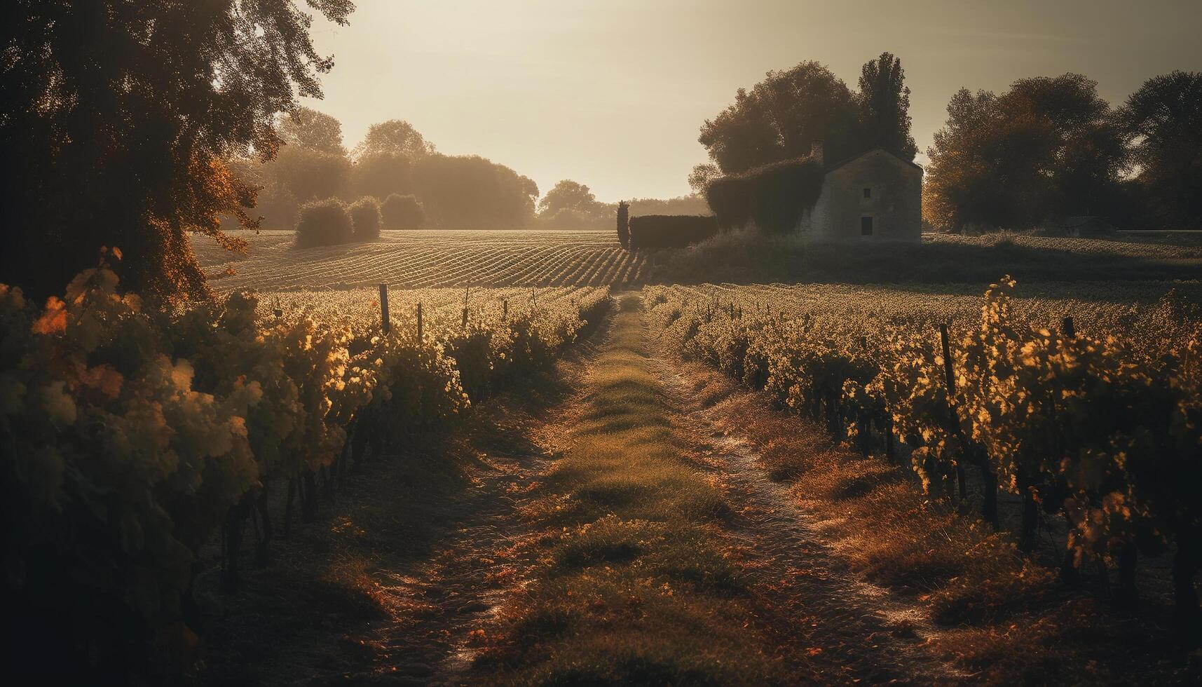 puesta de sol terminado viñedo, otoño cosecha en chianti generado por ai foto