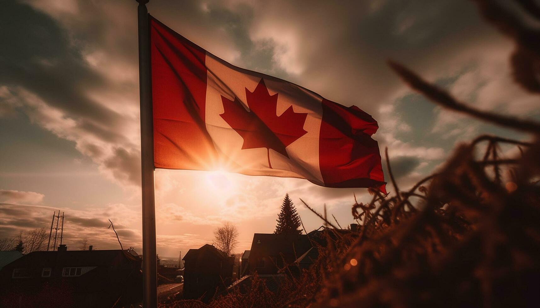 Sunset over Canadian landscape, flag waving proudly generated by AI photo