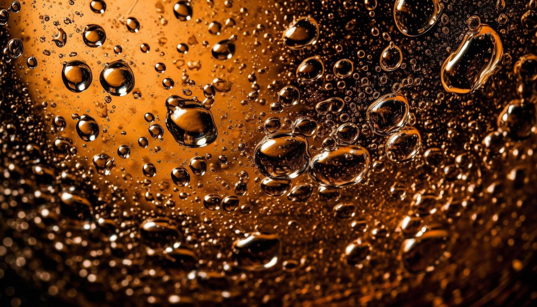 Golden beer bubbles splash on wet glass generated by AI photo