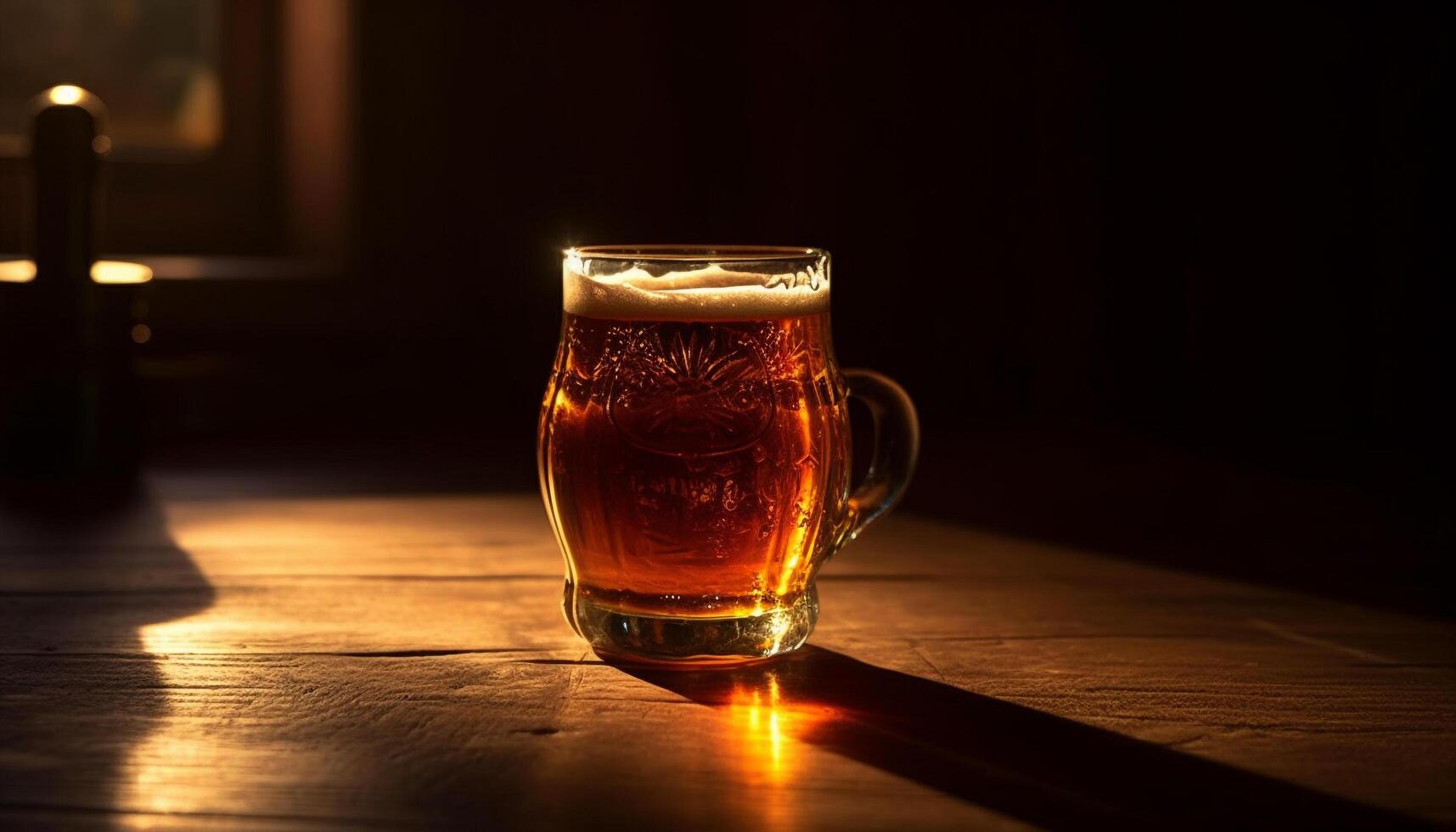 Frothy beer in gold pint glass illuminates pub generated by AI photo