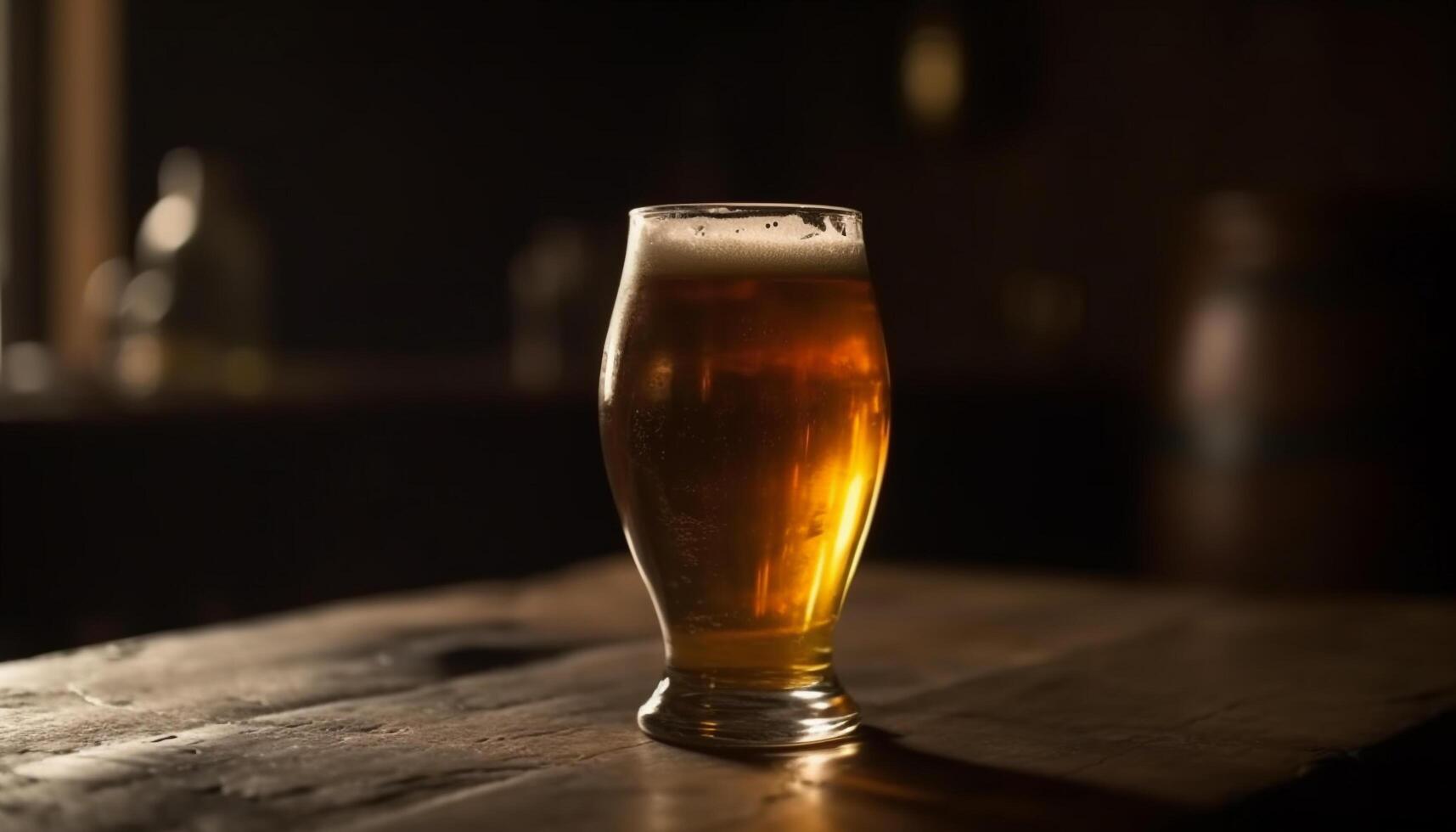 espumoso cerveza en medio litro vaso en de madera mesa generado por ai foto