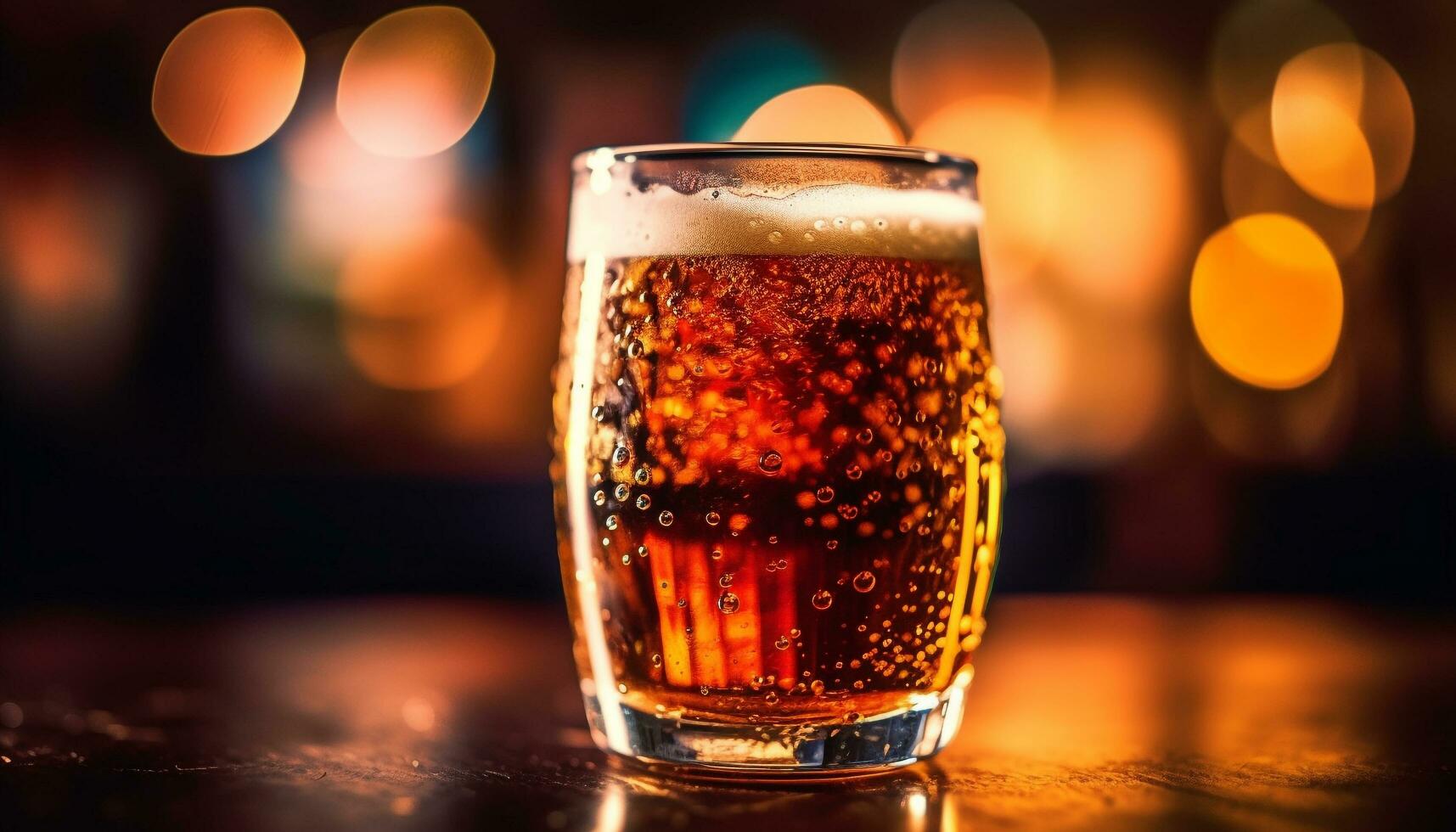 Frothy beer in pint glass on wooden table generated by AI photo