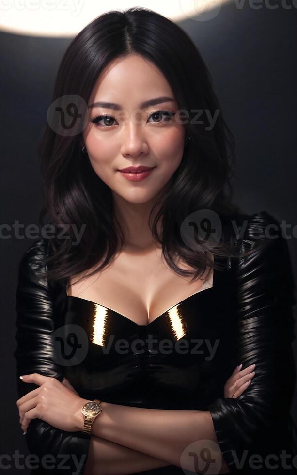 beautiful asian woman at apartment condominium night time, photo