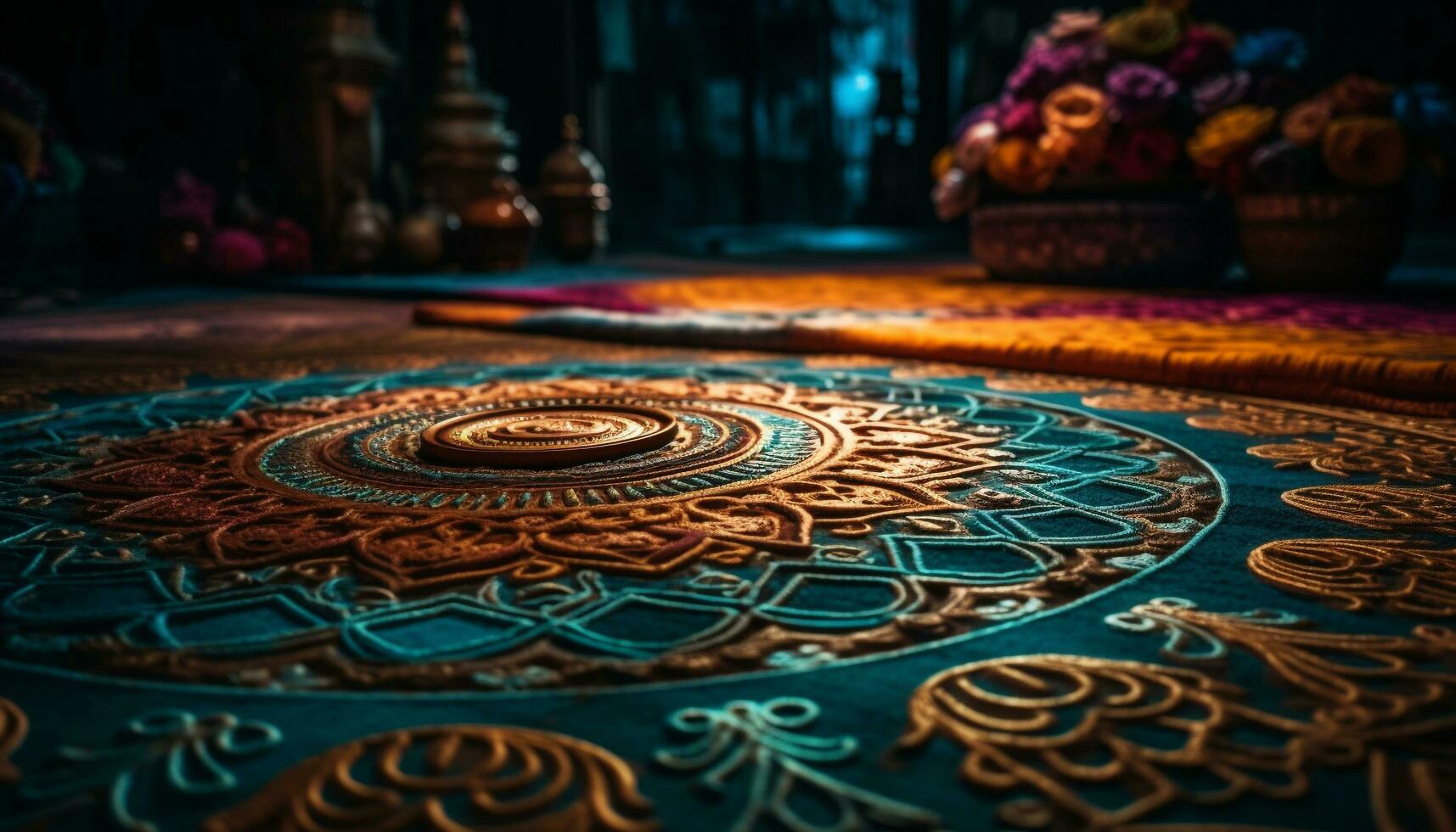 Ornate rug in ancient Indian architecture design generated by AI photo