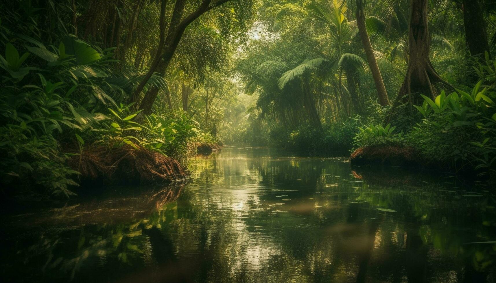 tranquilo escena de un tropical selva estanque generado por ai foto