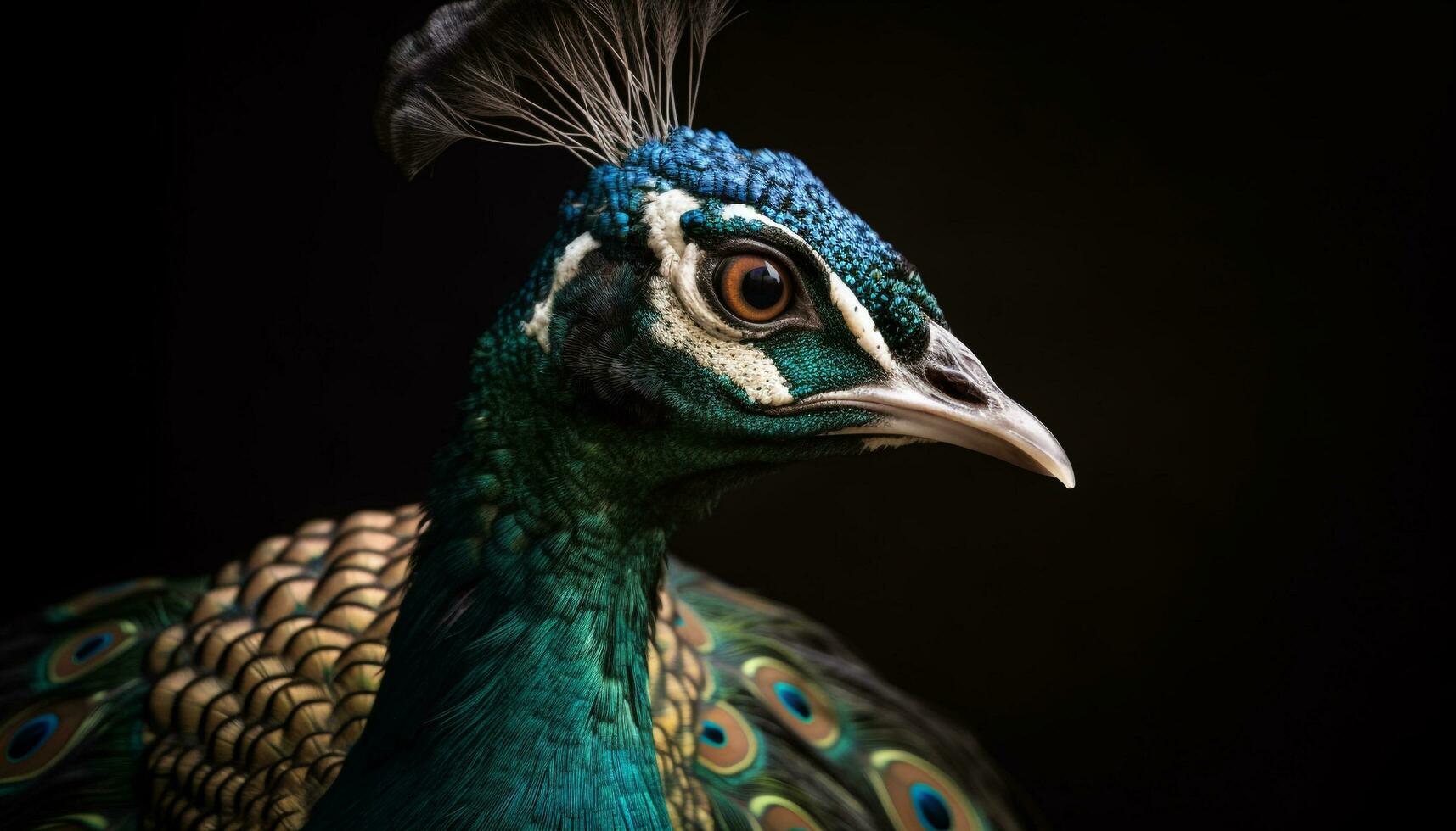 Majestic peacock displays vibrant multi colored feather pattern generated by AI photo