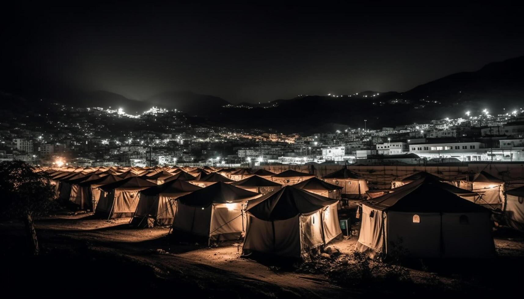 Glowing tent illuminated by campfire in nature generated by AI photo