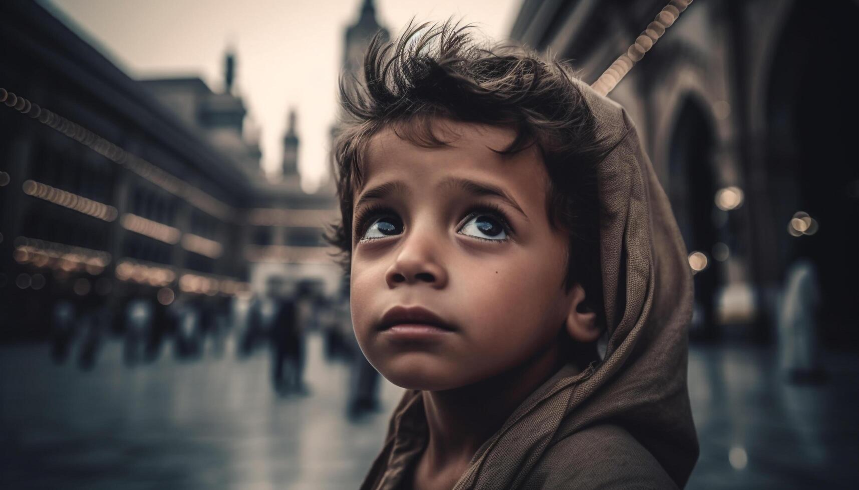 mojado Niños mirando triste en el lluvia generado por ai foto