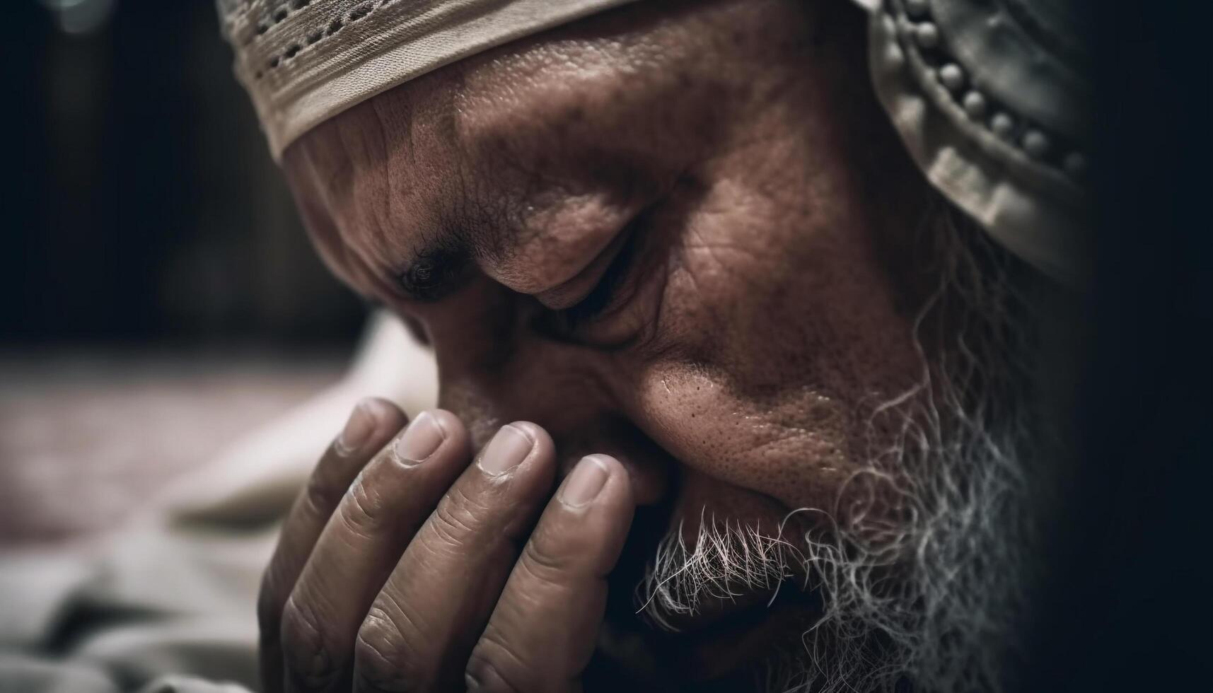 Bearded man praying with eyes closed indoors generated by AI photo