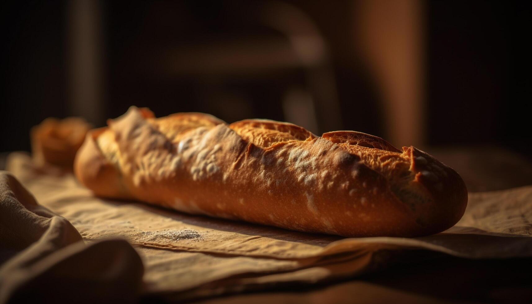 Freshly baked bread on rustic wooden table generated by AI photo