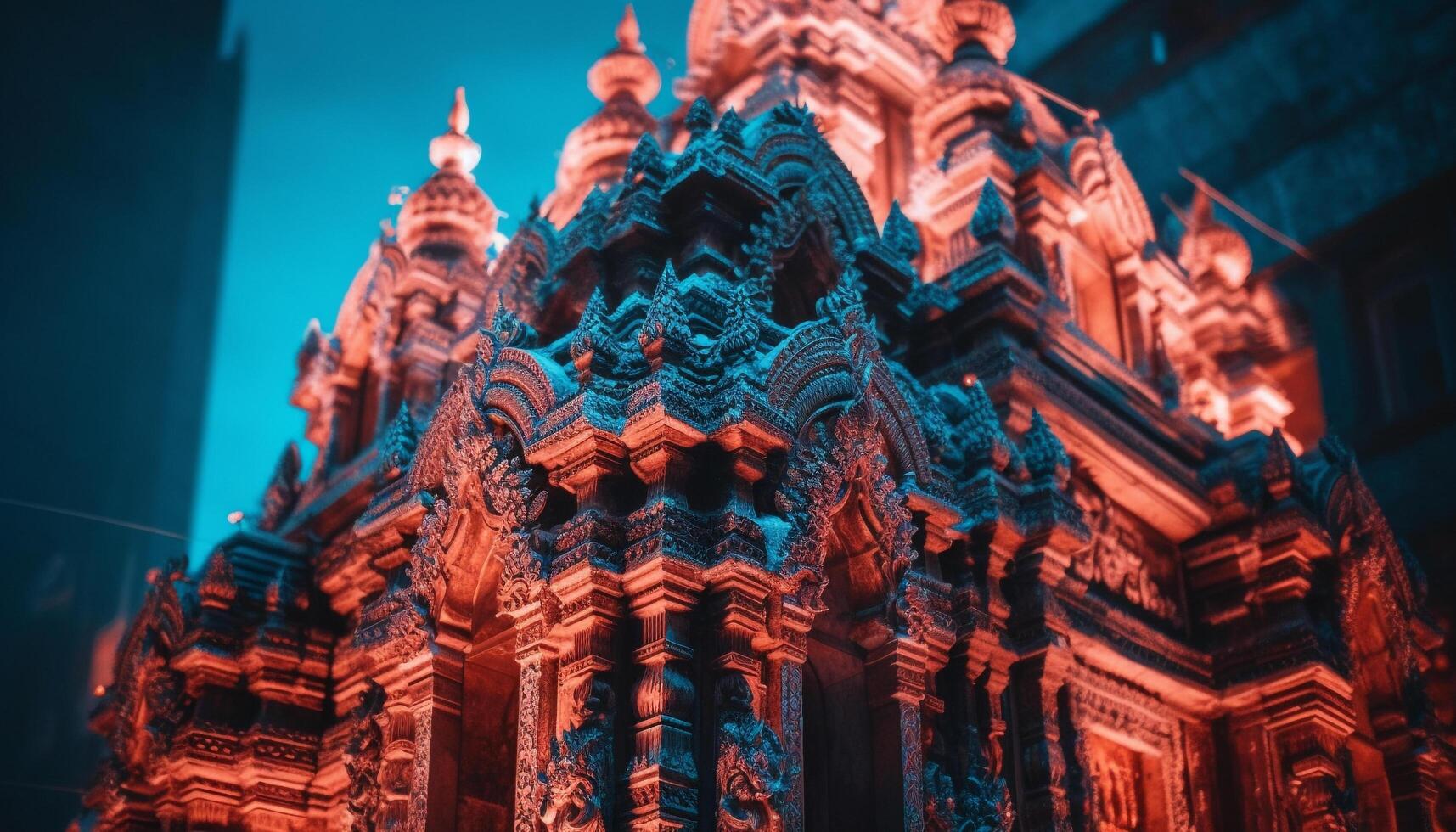 Majestic pagoda illuminated with vibrant multi colors generated by AI photo