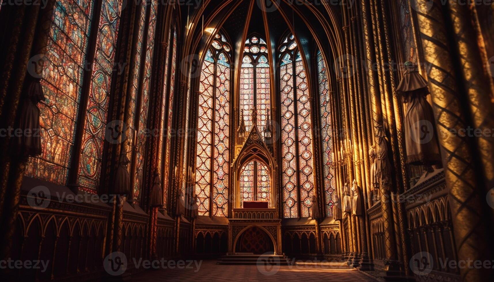 Majestic gothic basilica with stained glass windows generated by AI photo