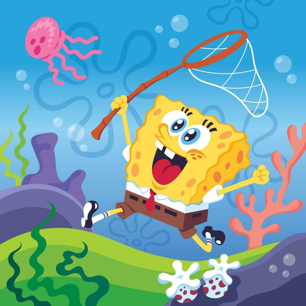 Cute Yellow Sponge Try to Catch Jelly Fish vector