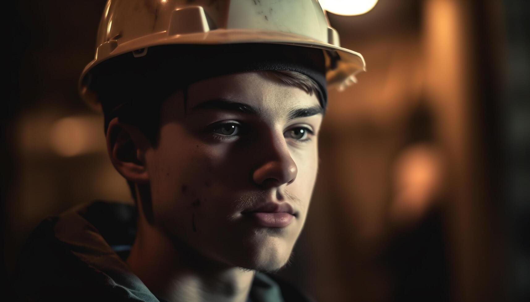 Young adult engineer in hardhat working outdoors generated by AI photo