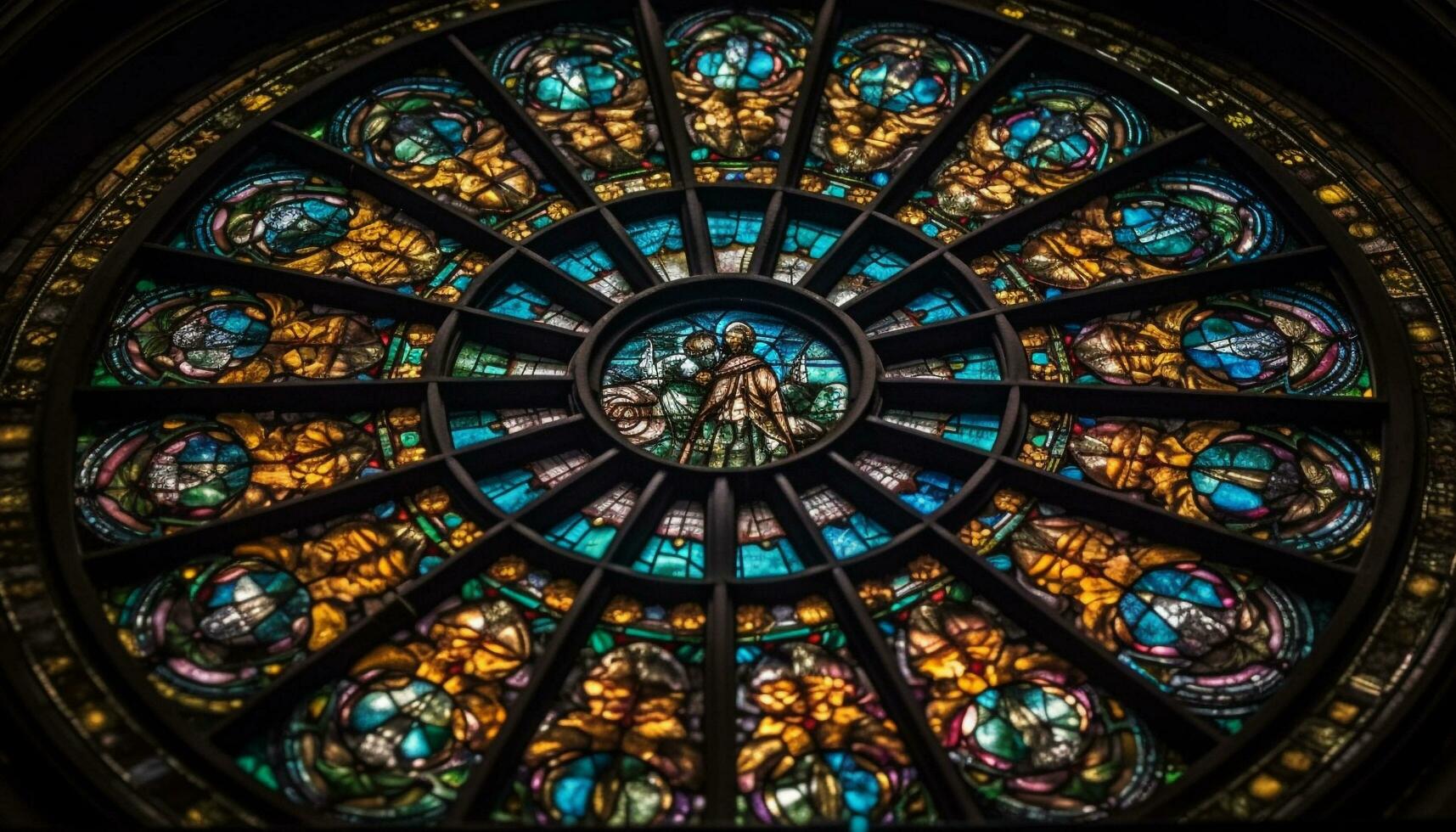 Illuminated rose window symbolizes spirituality in basilica generated by AI photo