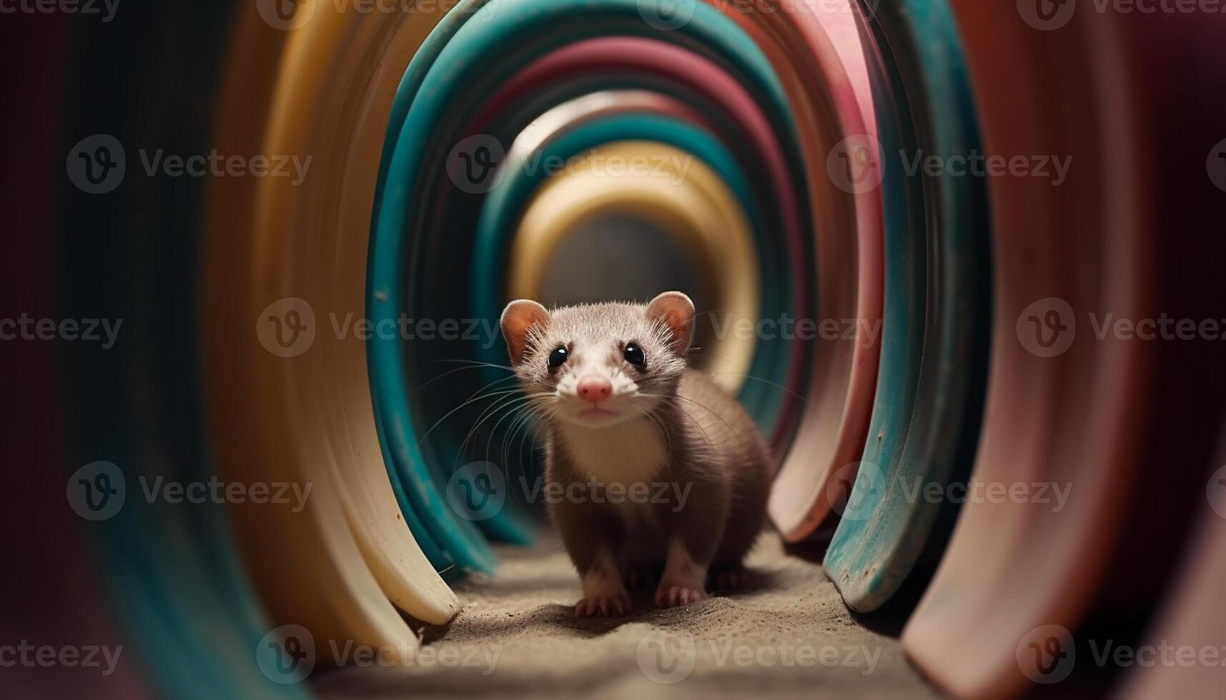 Fluffy feline kitten hides in striped cage generated by AI photo