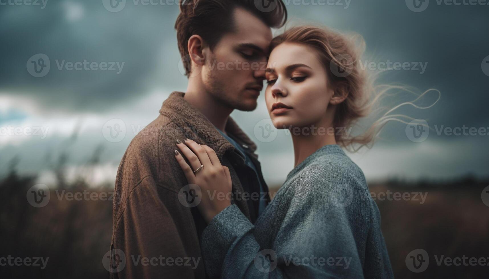 Young couple embracing outdoors, enjoying autumn beauty generated by AI photo