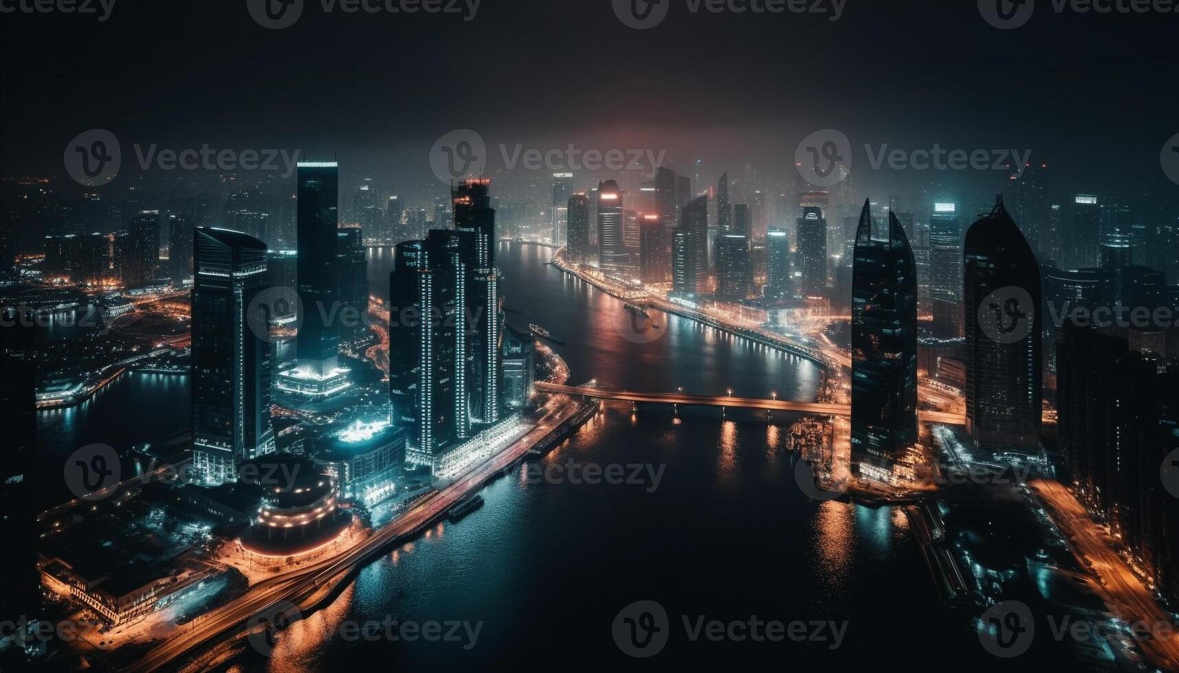 Glowing cityscape at dusk, modern and futuristic generated by AI photo